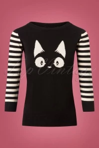 60s Debbie Cat Striped Sweater In Black