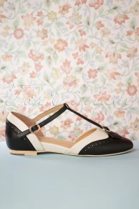 50s Parisienne T-Strap Flats In Black And Cream