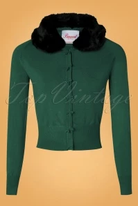 40s April Fluffy Bow Cardigan In Dark Green
