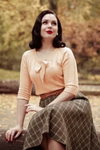 50s Belle Bow Pointelle Top In Beige