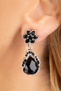 50s Flower Stone Drop Earrings In Black And Silver