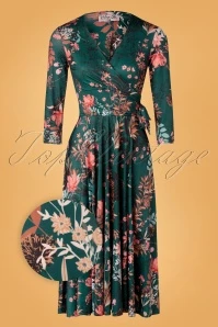 50s Colette Floral Swing Dress In Dark Green