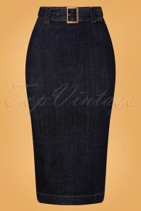 50s Damen Pencil Belt Skirt In Dark Blue Wash