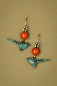 60s Goldplated Birdie Earrings In Blue And Red
