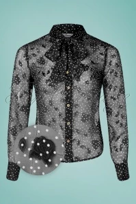 50s Rose Pussy Bow Blouse In Black