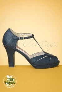 30s Lacey Art Deco T-Strap Pumps In Matte Navy Blue