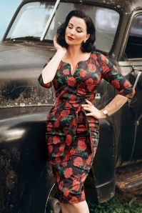 The Bombshell Roses Pencil Dress In Black