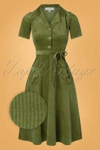 40s Midi Revers Dress In Corduroy Green