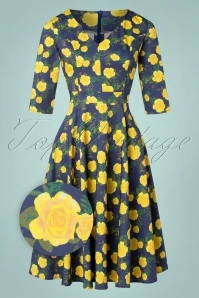 TopVintage Exclusive ~ 50s Olivia Roses Long Sleeve Swing Dress In Navy