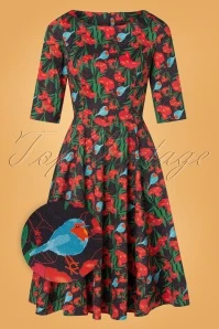 TopVintage Exclusive ~ 50s Adriana Birdy Floral Long Sleeve Swing Dress In Black