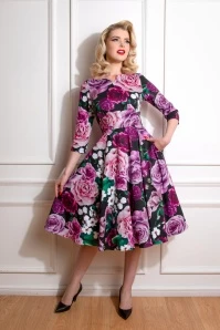 50s Sydney Floral Swing Dress In Black And Purple