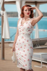 The Harper Cherry Print Pencil Dress In White