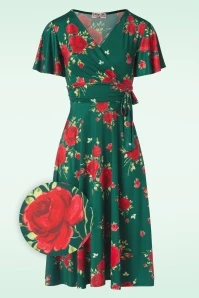 Irene Flower Cross Over Swing Dress In Silky Green