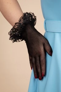 Trixie Fishnet Lace Ruffle Gloves In Black