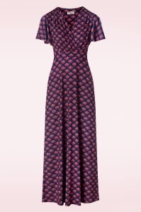 Freya Maxi Dress In Navy Purple Fan Print