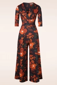 70s Liana Floral Jumpsuit In Black And Orange