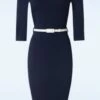 Florence Pencil Dress In Navy -King Louie Shop 245916 Vintage Chic 48202 Dress Pencil Navy Blue White Belt 08212023 403W category