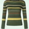 Vixen High Neck Striped Sweater In Dark Olive -King Louie Shop 246089 Vixen 47947 Sweater High Neck Strip 70s Olive 230526 402W category