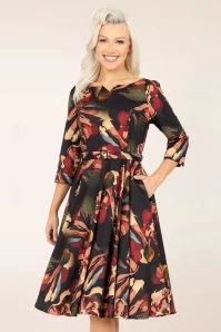 Orange Flowers Swing Dress In Black