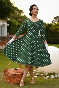 50s Olivia Swing Polkadot Dress In Green And White