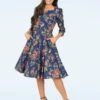 Olivia Flower Swing Dress In Blue -King Louie Shop 247357 Heart and Roses 48166 Dress Swing Roses Blue 020LW category