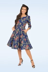 Olivia Flower Swing Dress In Blue