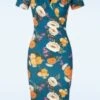 Dahlia Floral Pencil Dress In Blue -King Louie Shop 247367 Vintage Chic 48447 Dress Pencil Flowers Teal 230904 003W category