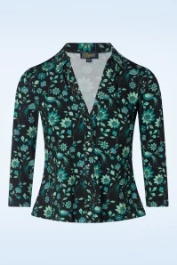 Anna Retro Birds Blouse In Black And Aqua