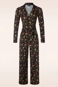 Diana Retro Birds Jumpsuit In Dark Blue And Brown