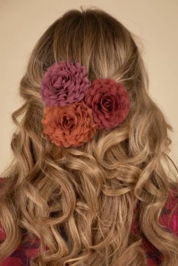 Hair Flowers Set In Arabesque Orange, Mauve And Rusty Red 3 Hair Flowers Set In Arabesque Orange, Mauve And Rusty Red