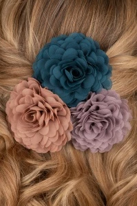 Hair Flowers Set In Petrol, Lingerie Pink And Dusky Thistle