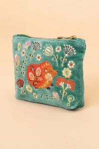 Powder Folk Art Hedgehog Velvet Mini Pouch In Aqua