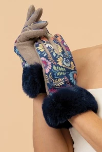 Powder Bernadette Floral Folk Art Suedine Gloves In Navy