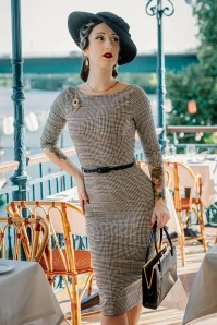 Anya Check Pencil Dress In Beige And Black